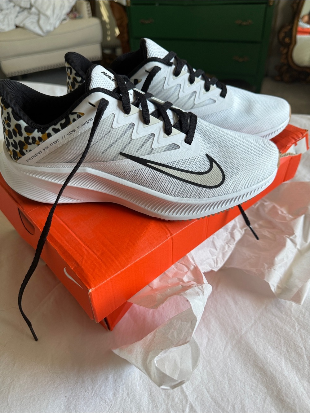 Nike White Running Shoes with Black Laces & Leopard Heel